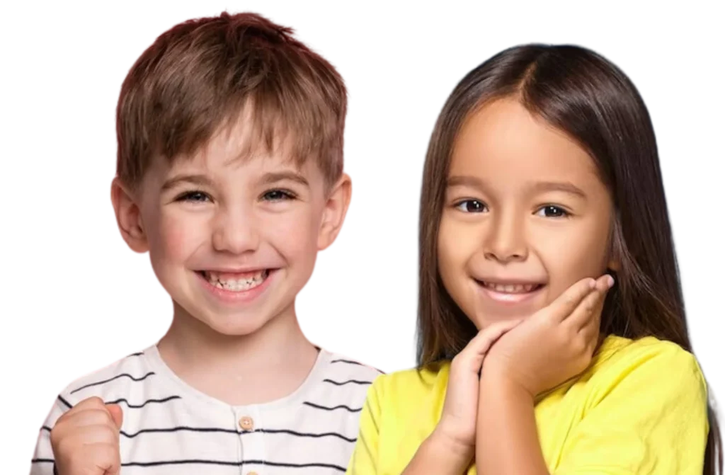 Un niño y una niña sonriendo con entusiasmo junto al texto "Haz el Test de lectura", invitando a evaluar las habilidades de comprensión y velocidad lectora infantil con Alfabeta.
